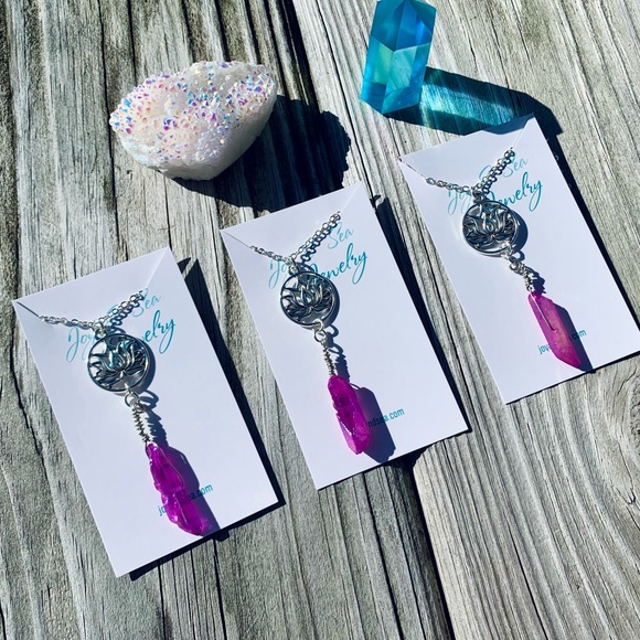Purple Aura Quartz Lotus Crystal Necklace - Picture 2 of 5